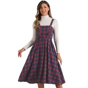 INSPIRE CHIC Women's Plaid Vintage Sleeveless A-Line Overall Pinafore Dress - 1 of 4