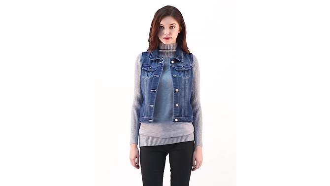 Allegra K Women's Buttoned Washed Denim Vest with Faux Chest Flap Pockets, 2 of 6, play video
