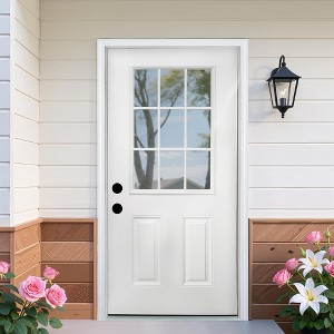36 x 80 inch Fiberglass Right Hand Lnswing White Oak Entry Door with Brickmould 4-9/16 in.Vinyl Frame and 9 Lite Low-E Glass - 1 of 4