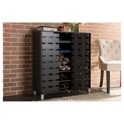 Shirley Dark Brown Wood and Metal 2-Door Shoe Cabinet with Open Shelves