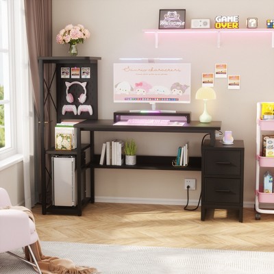 Ahealpus Reversible L Shaped Desk with Power Outlets and Fabric Drawers