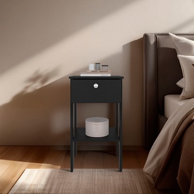 Vynxaria Modern Black Wengue Nightstand with Single Drawer and Open Shelf, Compact Design, Multi Functional Use