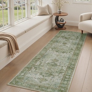 MontVoo Machine Washable Oriental Floral Area Rug Green - 1 of 4