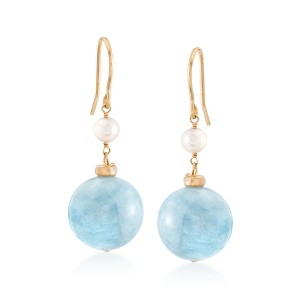 Ross-Simons 35.00 ct. t.w. Milky Aquamarine and 4-5mm Cultured Pearl Drop Earrings in 18kt Gold Over Sterling - 1 of 2