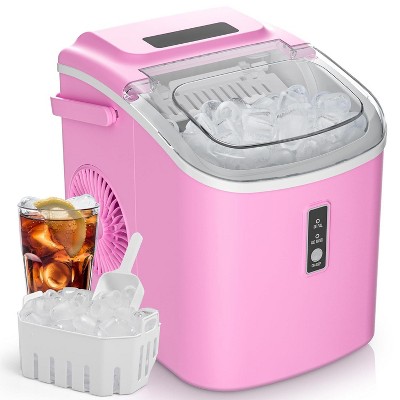 EUHOMY Countertop Ice Maker Machine with Handle, 26.5lbs Per Day, 9 Cubes in 6 Mins, Auto-Cleaning Portable Ice Maker with Basket and Scoop,Pink