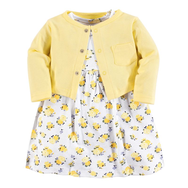 Luvable Friends Baby and Toddler Girl Dress and Cardigan 2pc Set, Yellow Floral, 1 of 4