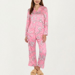 Anna-Kaci Lounge Women's 2-Piece Set Long Sleeve Button Front Pajama Set with Ribbon Print and Soft Silky Fabric for Relaxed Comfort - 1 of 4