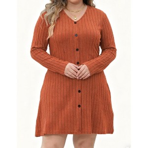 Women's Plus Size V-Neck Mini Dress A-Line Button Detail Ribbed Knit Stretch Long Sleeve Dresses - 1 of 4