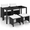 vidaXL 5-Piece Outdoor Poly Rattan Dining Set - Black Patio Furniture with Cushions and Glass Tabletop - Includes 2 Chairs and 2 Stools - 2 of 4