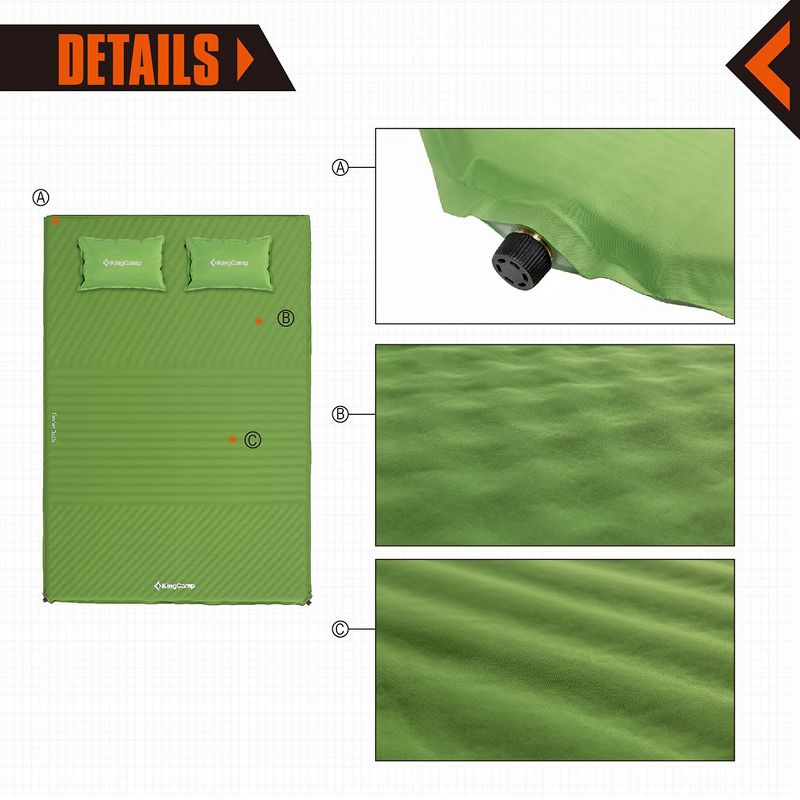 KingCamp Double Self Inflating Camping Sleeping Pad Mat with 2 Pillows, 3 of 7
