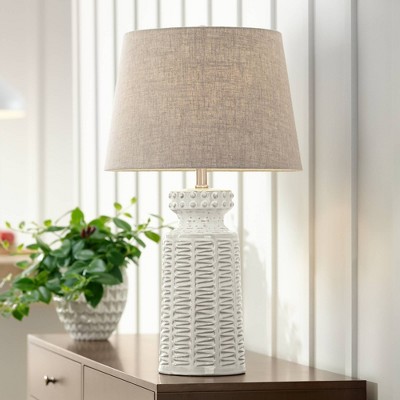Rustic White Ceramic Table Lamp with Tan Linen Shade