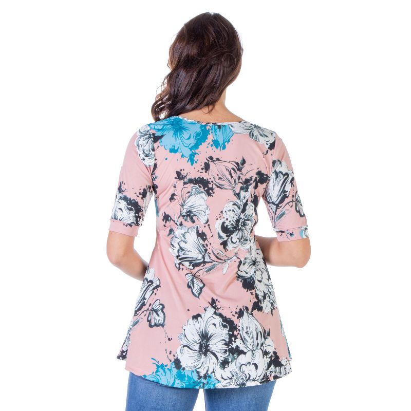 24seven Comfort Apparel Pink Floral Elbow Sleeve Henley Maternity Tunic Top, 3 of 5