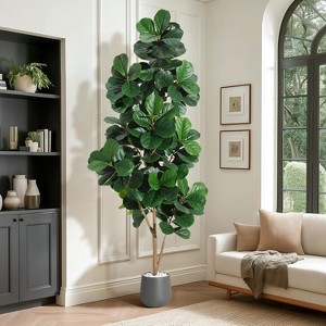 4FT Fiddle Leaf Fig Tree Artificial with 48 Leaves - Realistic Faux Ficus Lyrata Trees in 7.8" White Planter Pot, Housewarming Gift - 1 of 4