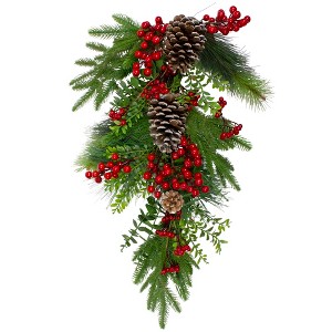 Northlight Berry Pine and Eucalyptus Artificial Teardrop Christmas Swag - 28" - Unlit - 1 of 4