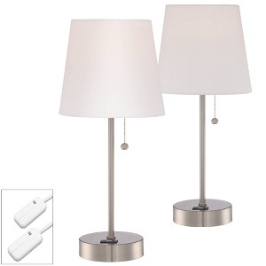 360 Lighting Justin Modern Accent Table Lamps 18" High Set of 2 Silver with USB Charging Port and Table Top Dimmers White Shade for Bedroom Home Desk - 1 of 4