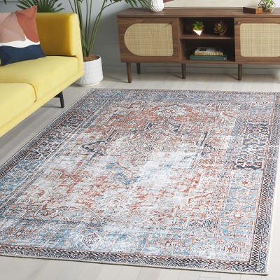 Large Blue and Orange Felt Velvet Round Area Rug