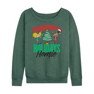Women's - Hey Arnold! - Holiday Homies Lightweight French Terry Wide Neck Long Sleeve Shirt - 1 of 4