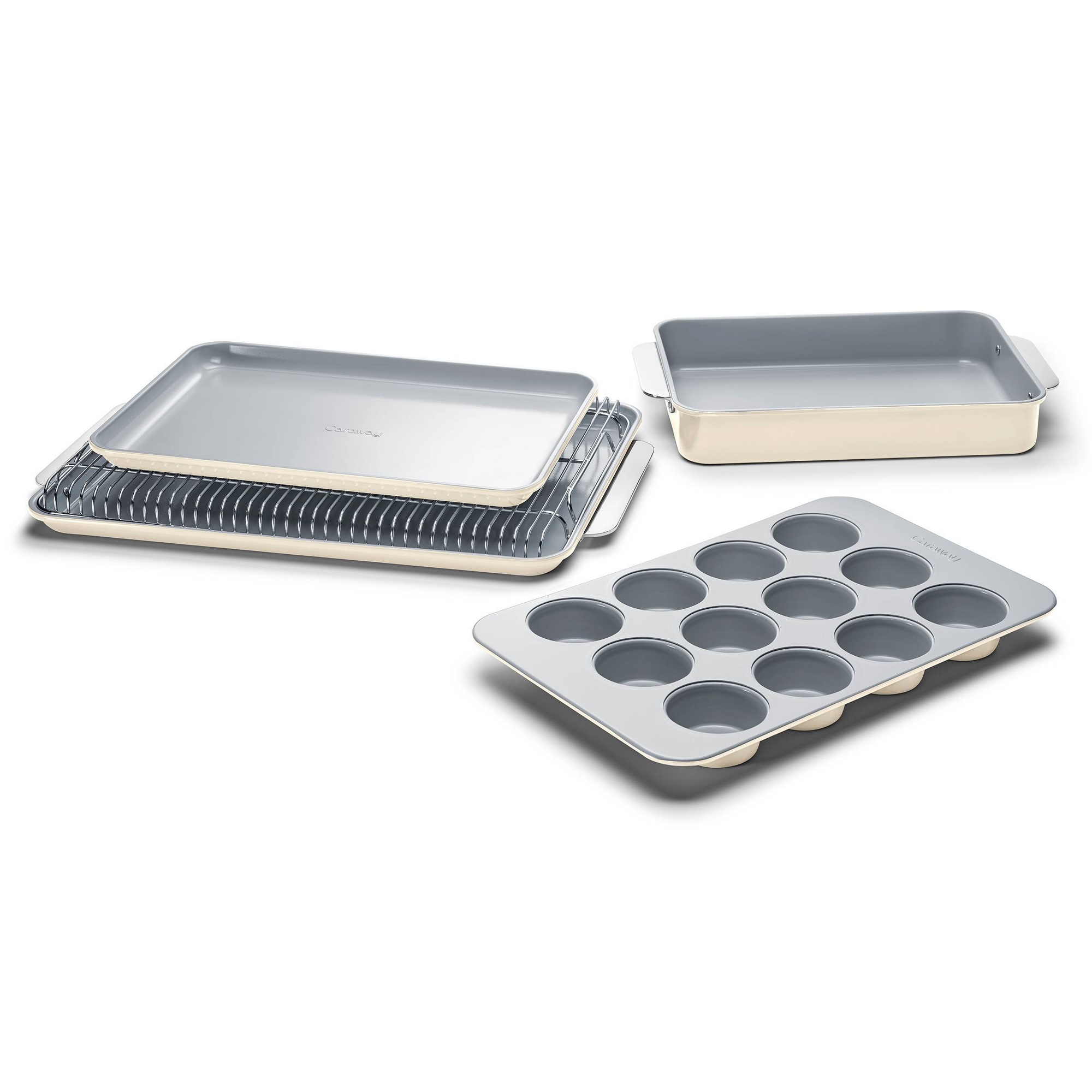 Caraway Non-Stick Ceramic Half Bakeware Set Cream: 6-Piece Baking Set with Muffin Pan & Cookie Sheets