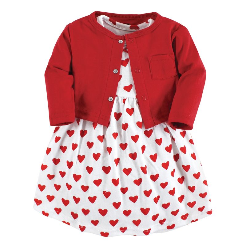 Hudson Baby Infant and Toddler Girl Cotton Dress and Cardigan Set, Red Hearts, 1 of 6