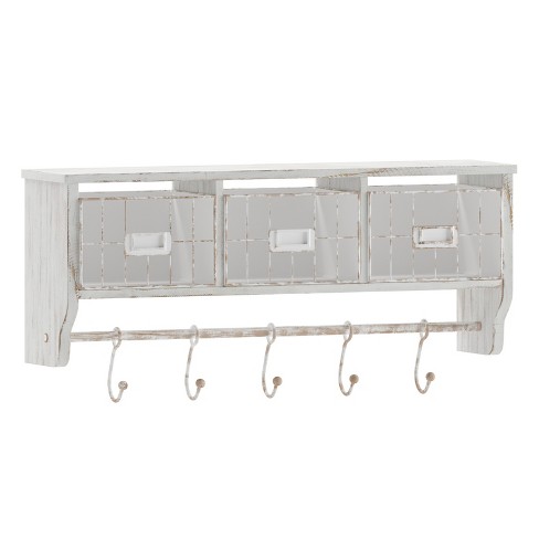 Merrick Lane Enid Wall Mount 24 inch Wood Storage Rack w/ Upper Shelf, Hooks & Wire Baskets for Living Room, Kitchen, or Entryway in Whitwashed