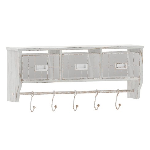 Merrick Lane Wall Mounted Coat Rack with Upper Shelf Wire Baskets and Hooks in Rustic Brown