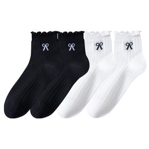 Anna-Kaci Women's 4-Pair Pack Sheer Ribbed Ankle Socks with Ruffled Trim and Embroidered Bow Detail in Multiple Color Combinations - 1 of 4
