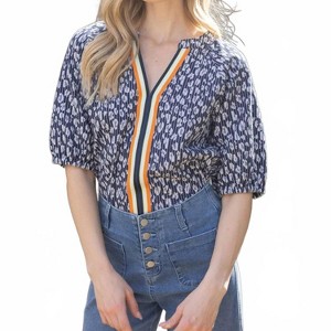 Women's Contrast Placket Floral And Stripe Textured Knit Top - voy - 1 of 4