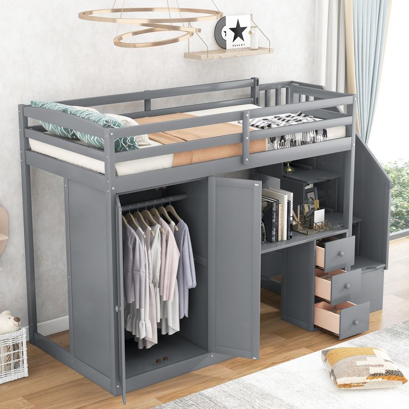 Twin Size Loft Bed with Wardrobe, Staircase, Desk and Storage Drawers - ModernLuxe, 2 of 10