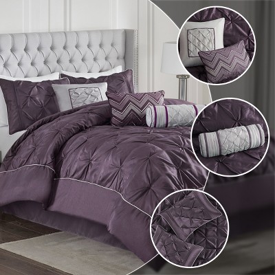 Madison Park 7Pcs Ultimate Touch BIAB Comforter Set, Solid Color Plain Weave Bedding Set with Matching Shams & Decorative Pillow, Plum, Queen — фото 2