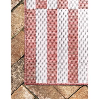 Rust Red and Ivory Striped 8' x 11'4" Synthetic Outdoor Rug