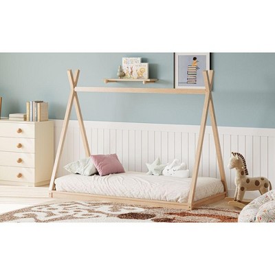 Kumasinova Twin Tent-Shaped Floor Bed for Kids,Montessori Low-Floor bed with Canopy,Safe Pine Wood Bedframe,Formaldehyde-Free,No Slats