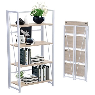 GHQME Space Saving Vintage Style 4 Tiered Folding Storage Bookcase with Durable Particleboard Shelves and Wide Metal Cross Bar Frame, White