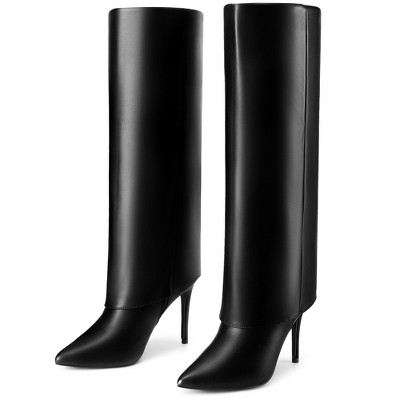 BLISSFUL STEP Women's Fold Over Pointed Toe Zipper Stiletto Heel Knee-High Boots