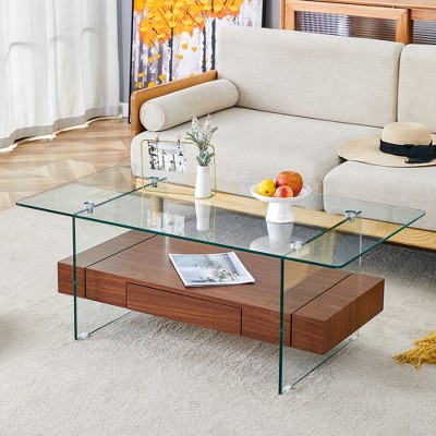 SYFERLORY 43.3 Inch Modern Two-Tier Coffee Table - Clear Tempered Glass and Dark Wood Grain