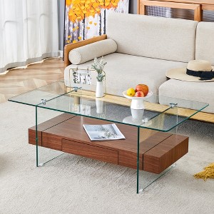 SYFERLORY 43.3 Inch Modern Two-Tier Coffee Table - Clear Tempered Glass and Dark Wood Grain - 1 of 4