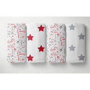 Bacati - Baseball Red/Gray Muslin Swaddling Blankets set of 4 - 1 of 4