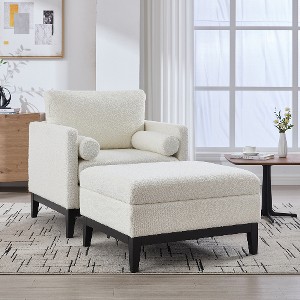 Lyngins Textured Boucle Accent Chair, Modern Farmhouse Square Armchair with Natural Wood Legs, Single Sofa Chair with 2 Pillows for Living Room - 1 of 4