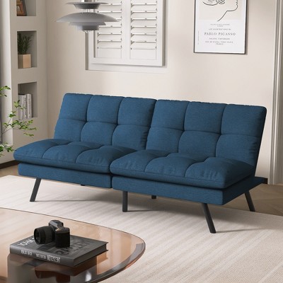 Dyonery Convertible Sofa Bed, Linen Futon w/Adjustable Backrest & Memory Foam, Sleeper for Living Room, RV, Office - Black