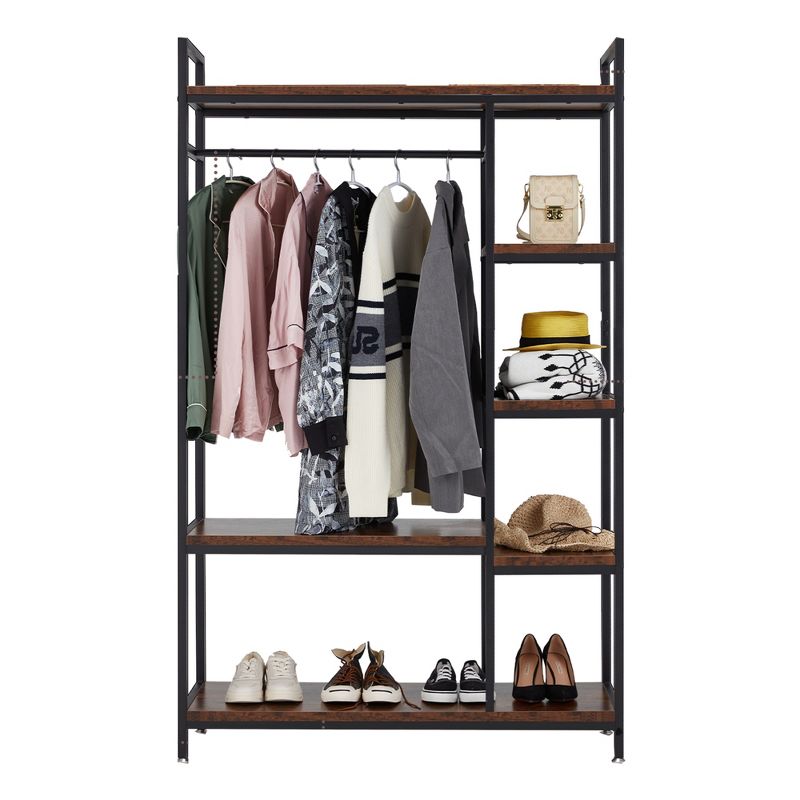 JOMEED Industrial Steel Freestanding Closet Clothing Garment Rack Organizer with 6 Shelves and Hanging Rod for Home, Dorm, and Bedroom, Black/Brown, 1 of 7