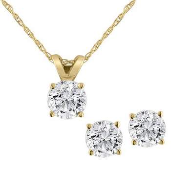 Pompeii3 3/4CT T.W. Diamond Studs & Solitaire Necklace Set in 14k White or Yellow Gold