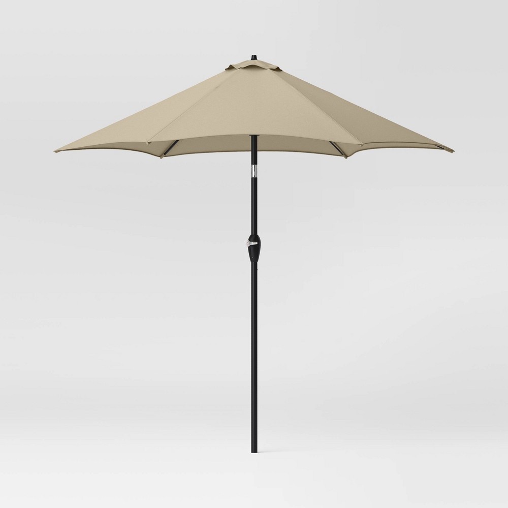 9' Round Outdoor Patio Market Umbrella Taupe with Black Pole - Threshold™: Fade-Resistant, Steel Frame, Crank Lift