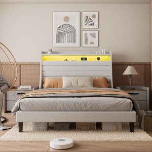 Upholstered Bed Frame with Storage Headboard, Charging Station & LED Lights, Wood Slat Support, No Box Spring Required, Noise-Free. - 1 of 4