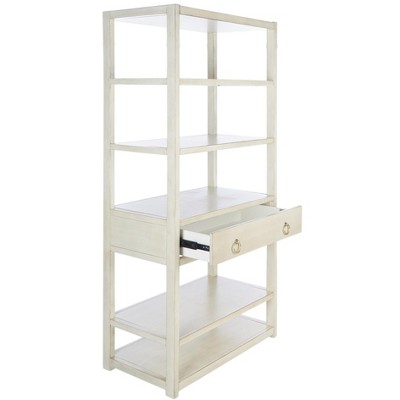 Antique White Acacia Wood 5-Shelf Etagere with Drawer