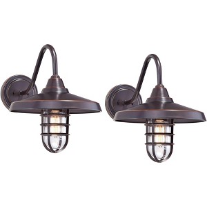 John Timberland Marlowe Rustic Industrial Outdoor Wall Light Fixtures Set of 2 Painted Bronze Hooded Cage 13" Clear Glass for Exterior - 1 of 4