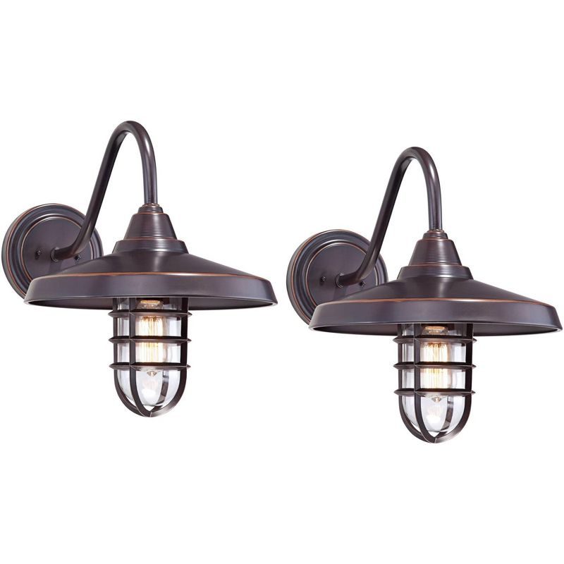 John Timberland Marlowe Rustic Industrial Outdoor Wall Light Fixtures Set of 2 Painted Bronze Hooded Cage 13" Clear Glass for Exterior, 1 of 8