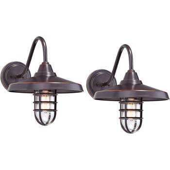 John Timberland Marlowe Rustic Industrial Outdoor Wall Light Fixtures Set of 2 Painted Bronze Hooded Cage 13" Clear Glass for Exterior