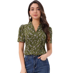 Allegra K Women's Short Sleeve Casual V Neck Print Notch Lapel Collar Summer Blouses - 1 of 4