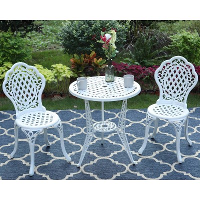 3pc Cast Aluminum Conversation Set with 2 Chairs, Table & 1.8" Umbrella Hole - White - Captiva Designs