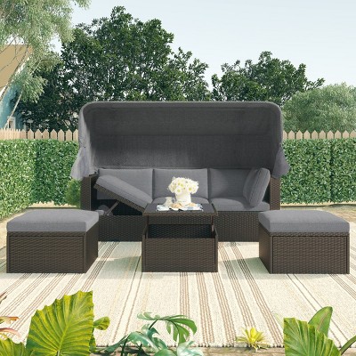 U Style 4-Piece Wicker Patio Chaise Lounge,Outdoor Patio Set With Retractable Canopys And Washable Cushions,Table And Ottomans -Maison Boucle