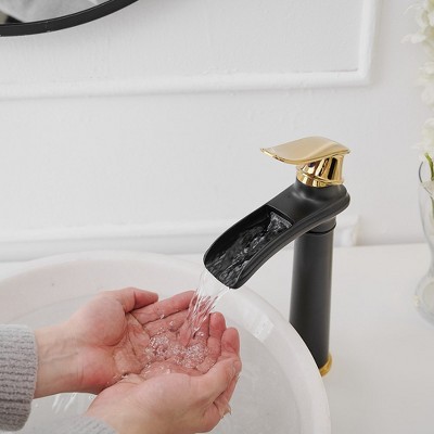 Gold and Black Waterfall Single Handle Bathroom Vessel Faucet
